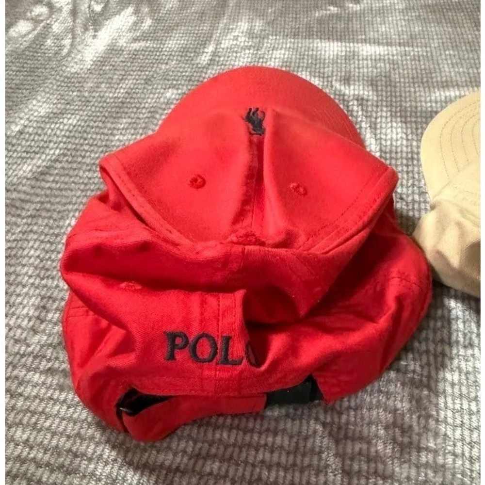 Lot of 3 Polo Ralph Lauren Baseball Caps Red Tan Blue Adjustable Pony Logo Hat